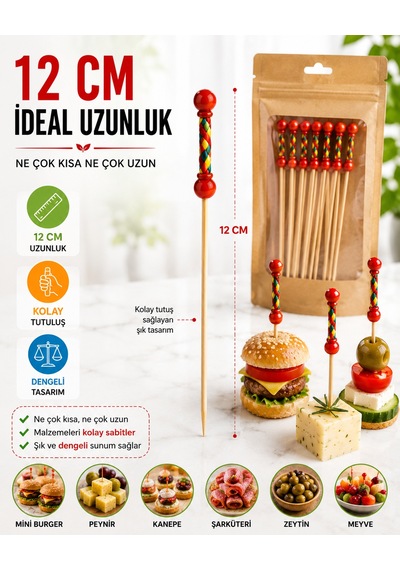 50 Adet Dekoratif Kırmızı Örgülü Bambu Kürdan 12 Cm Kokteyl Parti Kanepe Sunum Çubuğu Seti Paket