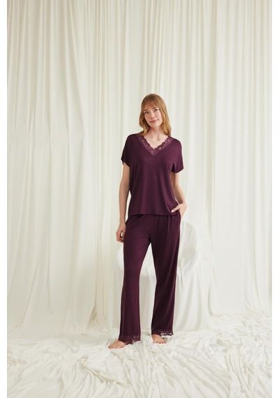 Civetta Kısa Kollu V Yakalı Dantelli Viskon Pijama Takımı Bordo