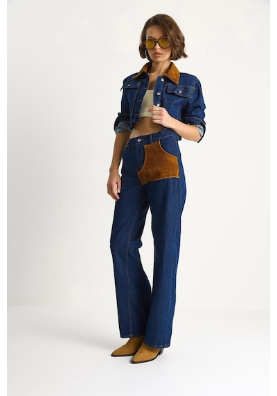 Shade Kadın Kadife Yaka Ceket Renk Bloklu Wide Leg Pantolon Denim Takım 6087 60283532 - Lacivert