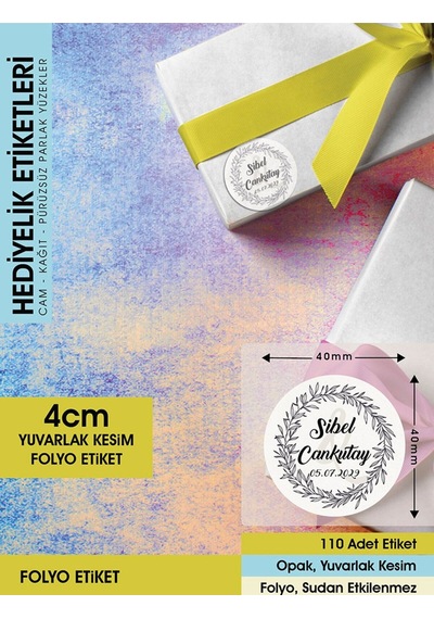 Çiçek Motifli Çelenk Ürünlerinize Özel, 4 Cm - 110 Adet Folyo Sticker Siyah - Beyaz
