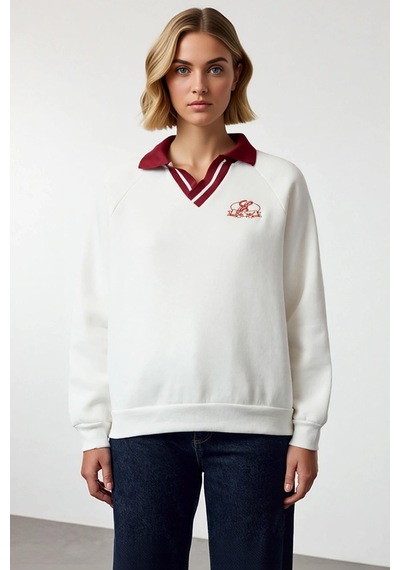 Benerly Kadın Polo Yaka Düşük Kol Örme Sweatshirt Fonksiyonel Dayanıklı K Ekru