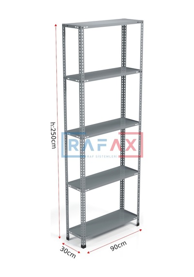 Rafax, 30x90xH:250, 5 Raflı Çelik Raf, Depo Rafı, Arşiv Rafı Gri