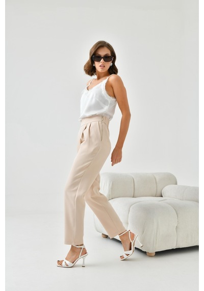 Ftz Women Kadın Lastikli Pleli Dar Paça Pantolon Beige 30744-beige Bej