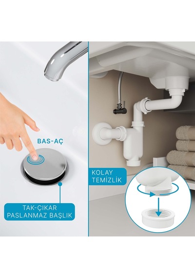 Smart Pop-up Sifon, Taşma Deliksiz Krom +comfort Yer Kazandıran Lavabo Sifonu -2 Parça Set