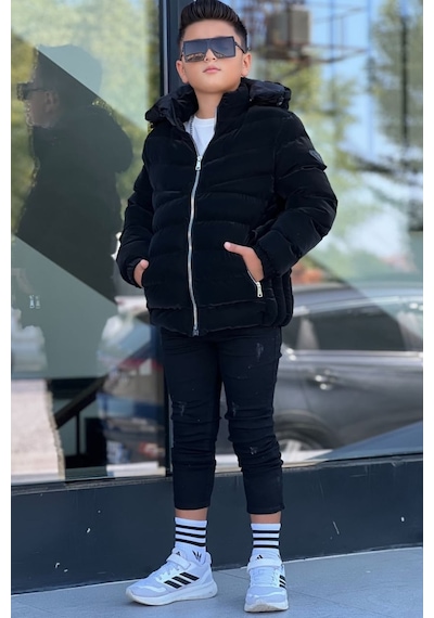 Pina Kids Erkek Çocuk Siyah İçi Kürklü Çıkarılabilir Kapüşonlu Nova Kışlık Mont Km4014