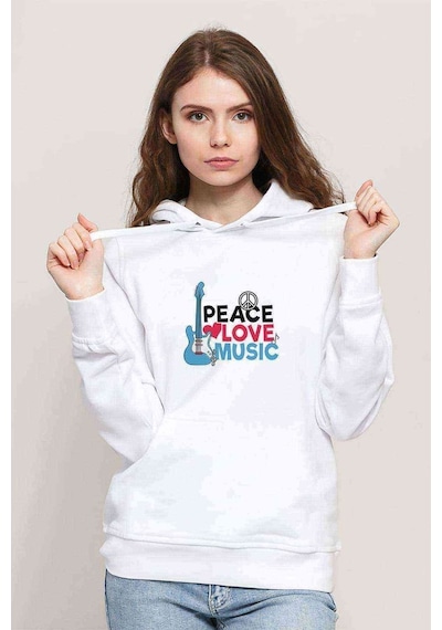 Peace Love Music Baskılı Beyaz Kadın Kapşonlu Sweatshirt