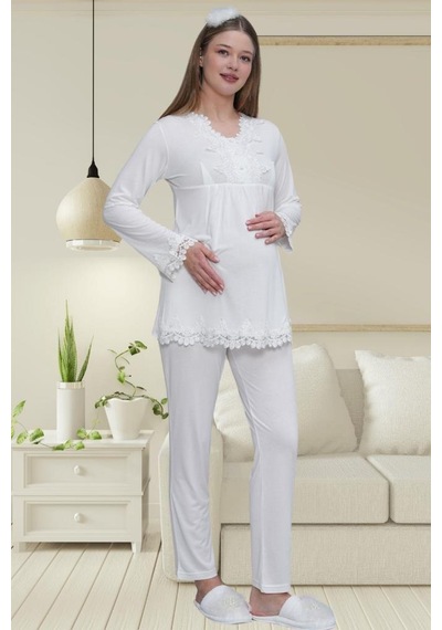 Mecit Pijama Mecit 1519 Bayan Hamile Lohusa Ekru Sabahlık Gecelik Pijama Seti