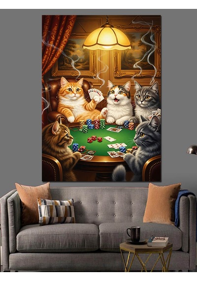 Ahşap Tablo Poker Oynayan Kedi Grubu