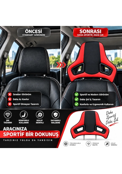 Universal Araç Koltuk Kafalığı Spor Yarış Tipi Lüx Deri Oto Başlık-kırmızı Kırmızı Siyah