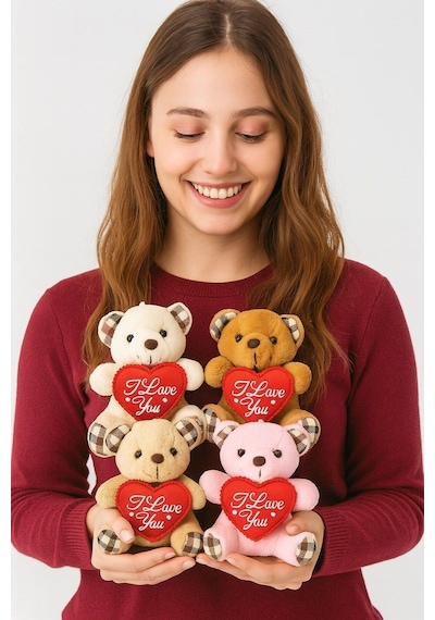 I Love You Seni Seviyorum Mesajlı 4 Adet Sevimli Mini Peluş Ayıcık Kalpli 11x9 Cm Peluş Ayıcıklar Çok Renkli