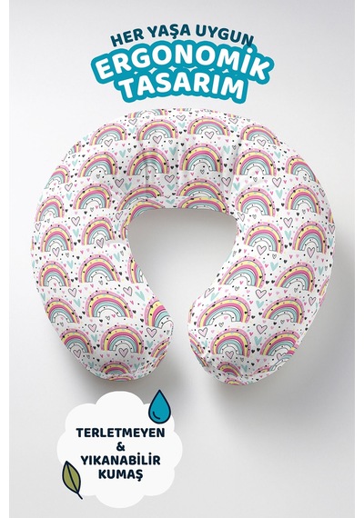 Gökkuşağı Desenli Pamuklu Boyun Yastığı - Neşeli Pastel Renkler Çocuk & Yetişkin Seyahat Yastığı Tozlu Toprak Fildişi