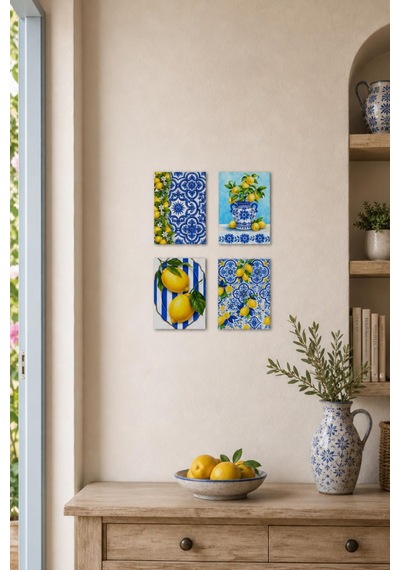 Limon Desenli Tablo Seti 4lü Set Sicilya Temalı 15x20 Cm Mdf