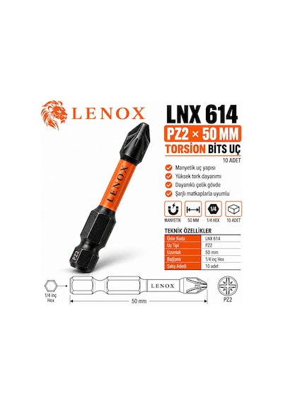 Lenox Lnx614 Pz2 50 Mm Manyetik Torsion Bits Uç 10 Adet