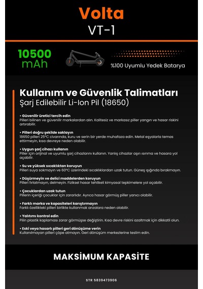 Volta VT-1 /36v 10500mAh Elektrikli Scooter Bataryası