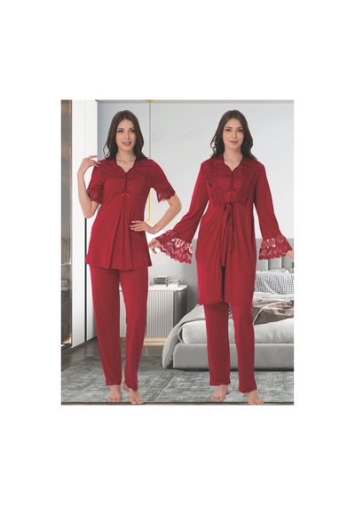Effortt Dvina Lohusa Hamile Sabahlıklı Pijama Takımı - Kırmızı Kırmızı