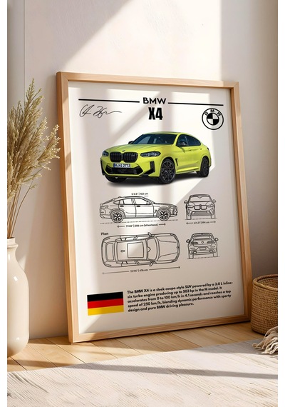 Bmw X4 Tablo - Teknik Özellikli Alman Spor Coupe Suv Poster - Çerçeveli Duvar Dekoru - Blueprint Kayın