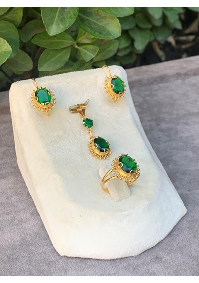 Bayar Gold 14 Ayar Altın Güneş Model Zümrüt Taşlı Set