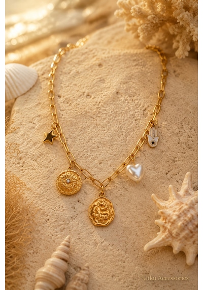 Stainless Steel Charm Gold Çelik Kolye Altın