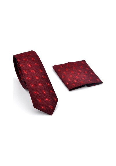 Gaffy Kırmızı Şal Desenli Bordo Dokuma Kumaş Mendilli Slim Fit Kravat // Sdk-240810 Desenli