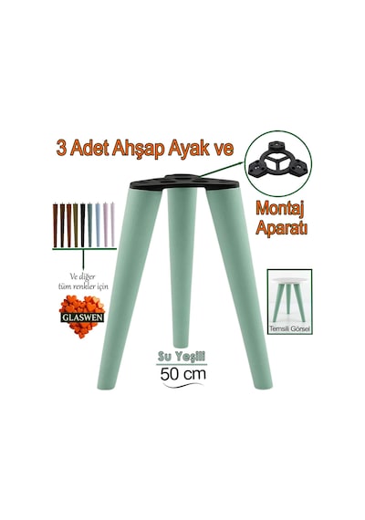 3 Adet Ahşap Ayak 50 Cm Su Yeşili M8 Civatalı Bağlantı Aparatlı Mobilya Tabure Sehpa Masa Destek Ayağı Yeşil