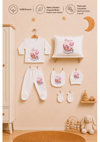 Pia Baby Kız Bebek 7 Parça Hastane Çıkışı Seti %100 Pamuk Kişiye Özel İsimli Zıbın Set 1032zybyx Ekru