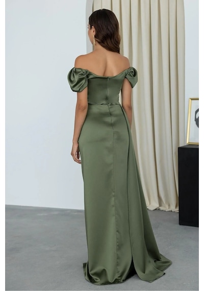 Feminist Haki Drape Detaylı Saten Kumaş Abiye Elbise 9704858