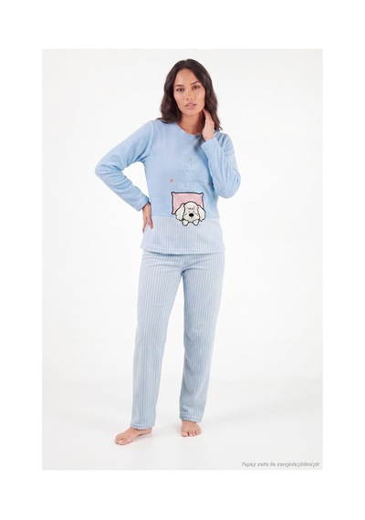 Lela Çizgili Yumuşak Kışlık Polar Pijama Takımı Kadın Pijama Takımı 6575030 Mavi