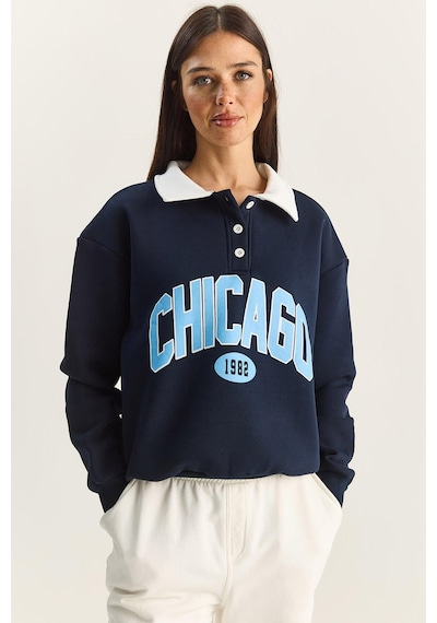 Shade Kadın Polo Yaka Chicago Baskılı Üç İplik Şardonlu Sweatshirt 60601050 - Lacivert