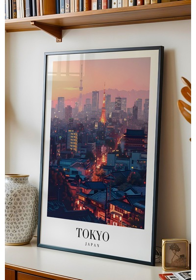 Tokyo Japan Vintage Seyahat Posteri Çerçeveli Tablo - Premium Gece Silüeti Elit Duvar Dekoru Siyah