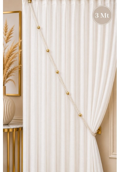 Ekru Krem Kruvaze Perde Tavan Korniş Bağlama Halatı - Gold Detaylı - Perde Süsü - 3 Metre - 1 Adet