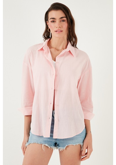 Lela Pamuklu Regular Fit Uzun Kollu Düz Bayan Gömlek Cf25S168305 Açık Pembe