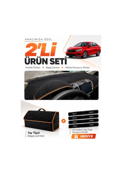 Honda Cıty 2020-2024 Uyumlu Torpido Örtüsü + Tay Tüyü Bagaj Çantası + Sticker - Siyah Kahverengi