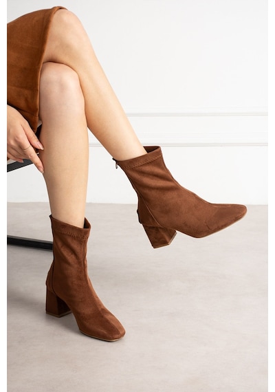 Dabab Shoes Lara Kadın Taba Süet Streç Küt Burun Fermuarlı 6 Cm Kalın Topuklu Bot Bootie