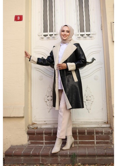Harman Butik Kadın Kürklü Panzot Deri Kaban Siyah Siyah