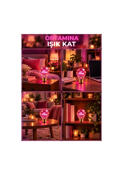 Love Neon Dekoratif Masa Lambası Ampul Şeklinde Yeni Nesil Aydınlatma Aşk Çok Renkli