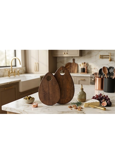 Fam Wood Art Damla Model 2'li Kesme Sunum Doğrama Tahtası, Servis Tabağı %100 Çam Ağacı Kahverengi