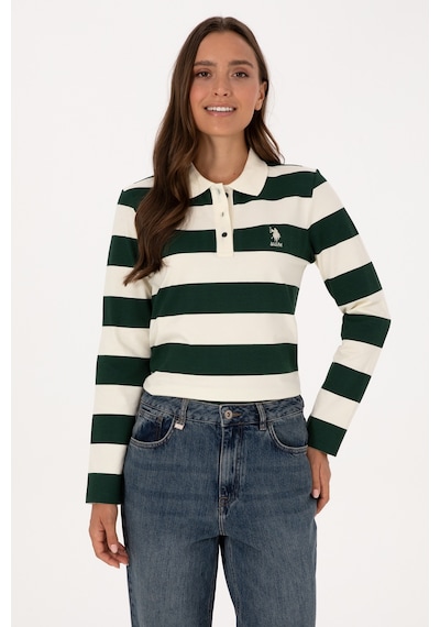 U.S. Polo Assn. Kadın Koyu Yeşil Çizgili Polo Yaka Sweatshirt 50314207-VR079