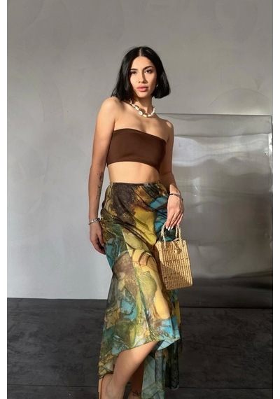 Defymoda Desenli Baskılı Lastikli Etek Desenli Çok Renkli