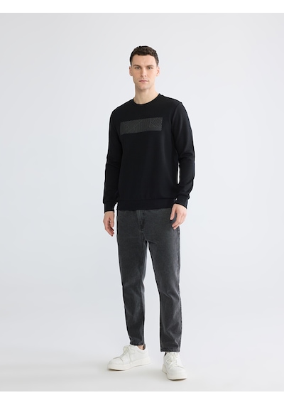 Lcwaıkıkı Classic Siyah Bisiklet Yaka Baskılı Erkek Sweatshirt