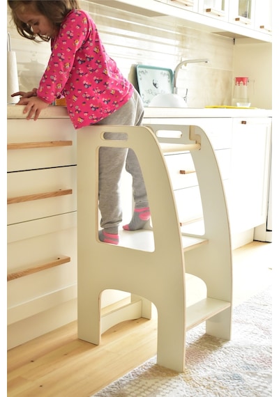 Ahşap Çocuk Öğrenme Kulesi Montessori Mutfak Aktivite Kulesi Beyaz