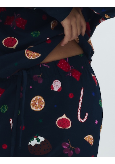Marks & Spencer Saf Pamuklu Yılbaşı Desenli Pijama Takımı T37002275J Lacivert