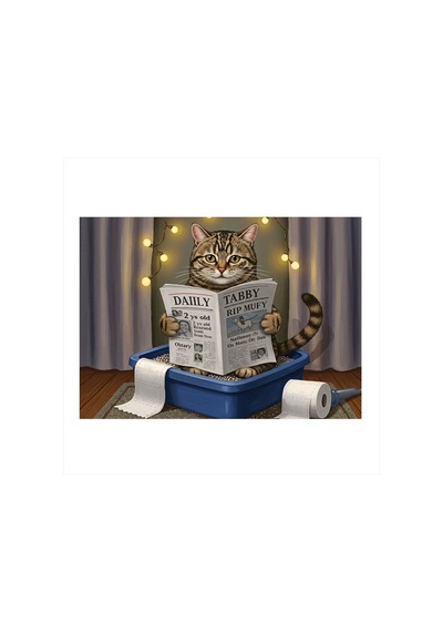 Gazete Okuyan Kedi Desenli Ahşap Tablo