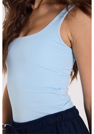 Tudors Kadın Slim Fit Dar Kesim Askılı Kare Yaka Sırtı Açık Sandy Kumaş Çıtçıtlı Mavi Body-51253