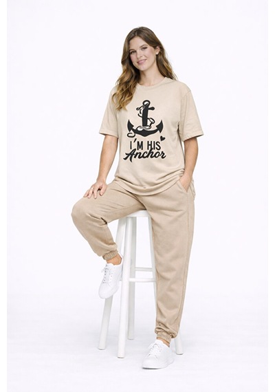 Sevgili Kombini Oversize Çift Tişört Unisex Captain Anchor Baskıl Bej