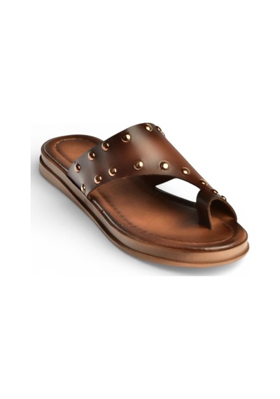 Fox Shoes Y390450403 Kahverengi Hakiki Deri Zımba Detaylı Kadın Terlik Kahverengi