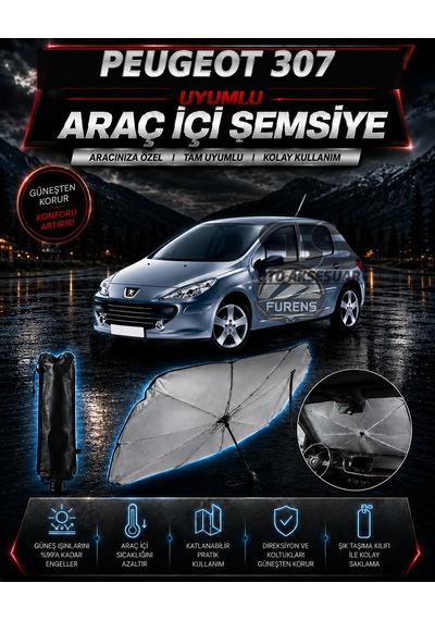Peugeot 307 Araç Ön Cam Güneşliği Katlanabilir Şemsiye Oto Güneşlik Uv Korumalı Gölgelik Araba Oto Şemsiyesi