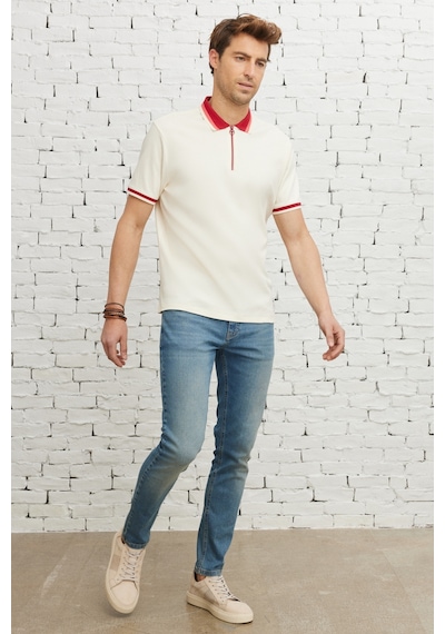 Ac&Co / Altınyıldız Classics Erkek Ekru Bordo Regular Fit Geniş Kesim Polo Yaka Tişört Ekru - Bordo