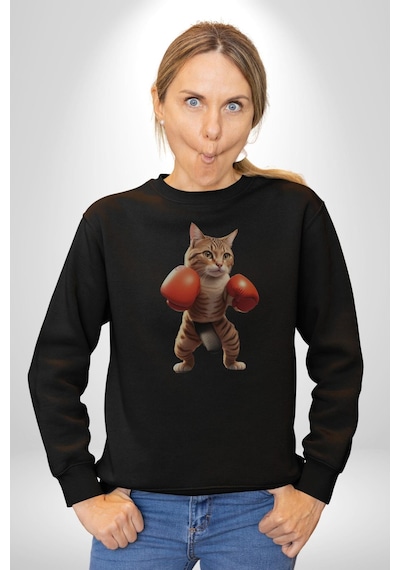 Boks Yapan Kedi Unisex Siyah Baskılı Sweatshirt Siyah