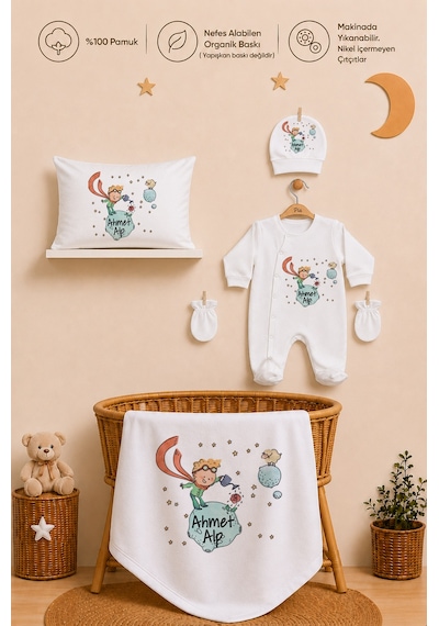Pia Baby Kişiye Özel İsimli Erkek Bebek Hastane Çıkış Seti 11 Parça %100 Pamuk 2003110x Ekru