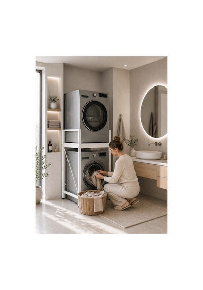Lifos Beyaz Raflı Çamaşır Makinesi Dolabı Kurutma Makinesi Dolabı Metal Banyo Dolabı